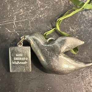 Mini Wishnest Peace Dove Bird Ornament Metal Green Ribbon Hanging Charm